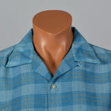 1960s Mens Blue Plaid Shirt with Loop Collar
