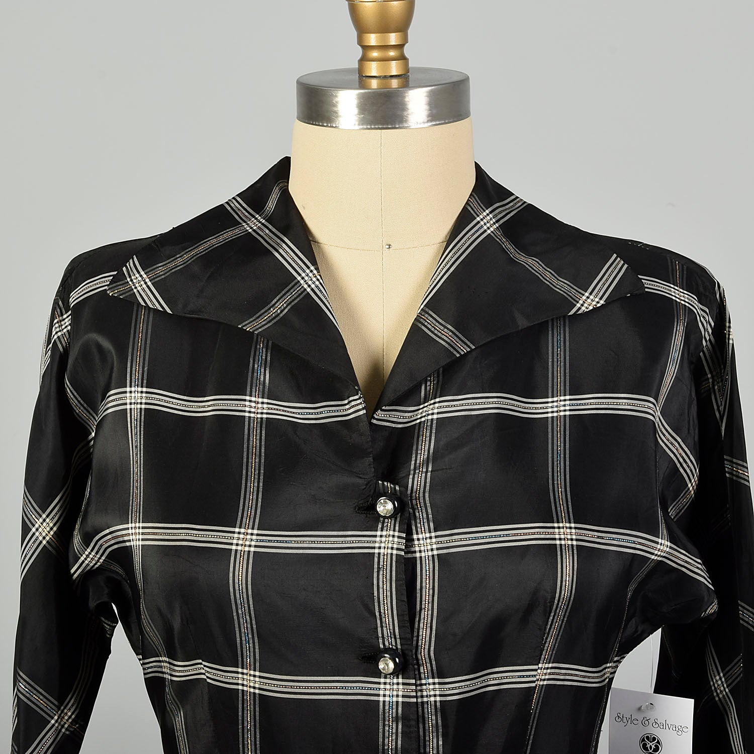 Medium 1950s Dress Black Taffeta Hourglass Plaid Cocktail Party Dress