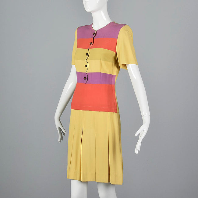 1930s Yellow Rayon Day Dress with Striped Bodice