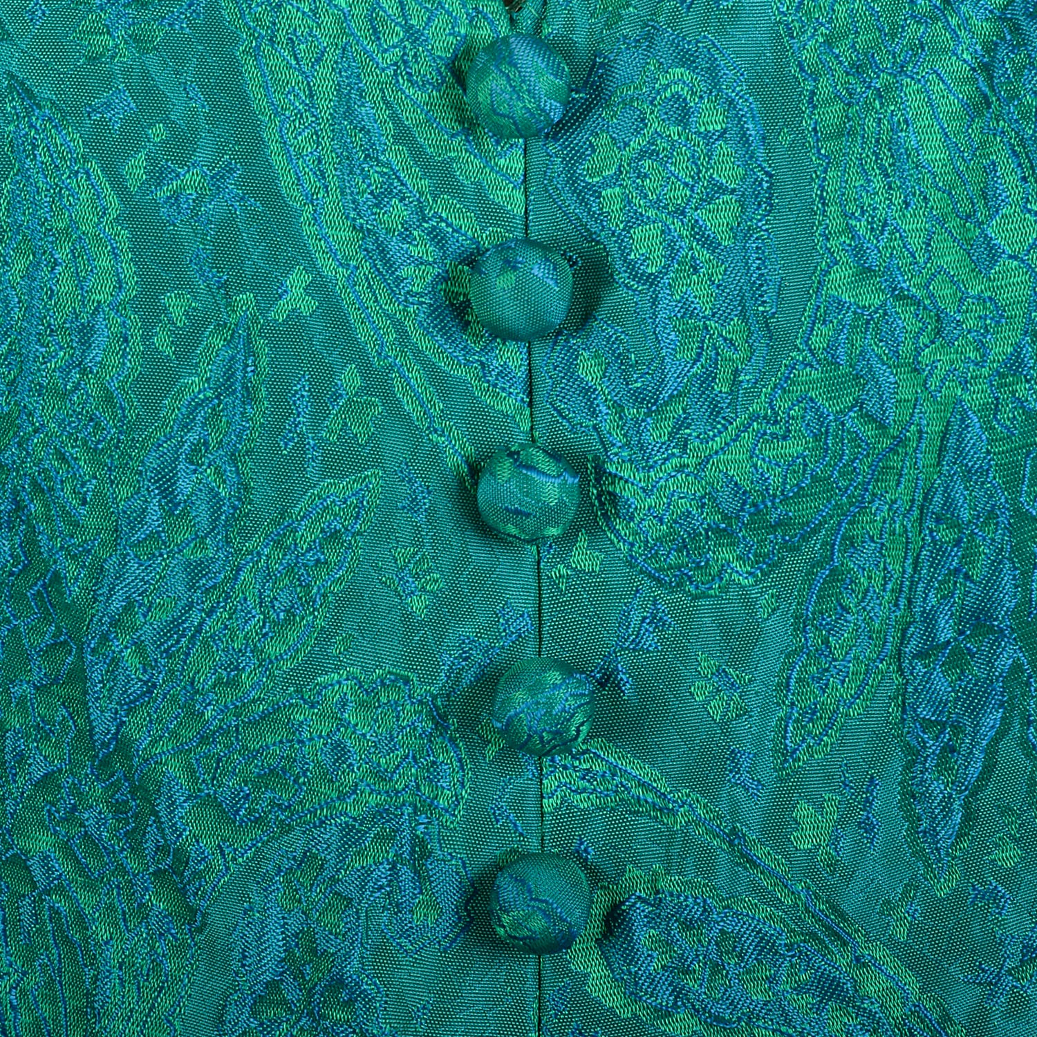 XS 1960s Blue Green Brocade Cocktail Dress Sleeveless Jewel Tone V-Neck Party Dress