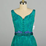 XS 1960s Blue Green Brocade Cocktail Dress Sleeveless Jewel Tone V-Neck Party Dress