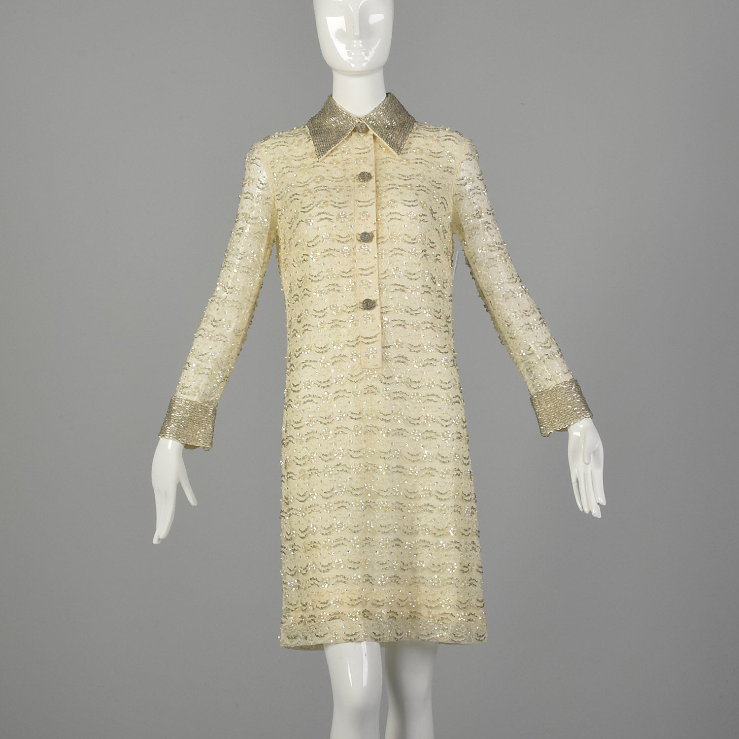 Medium 1960s Mod White Beaded Lace Dress Sequin Long Sleeve