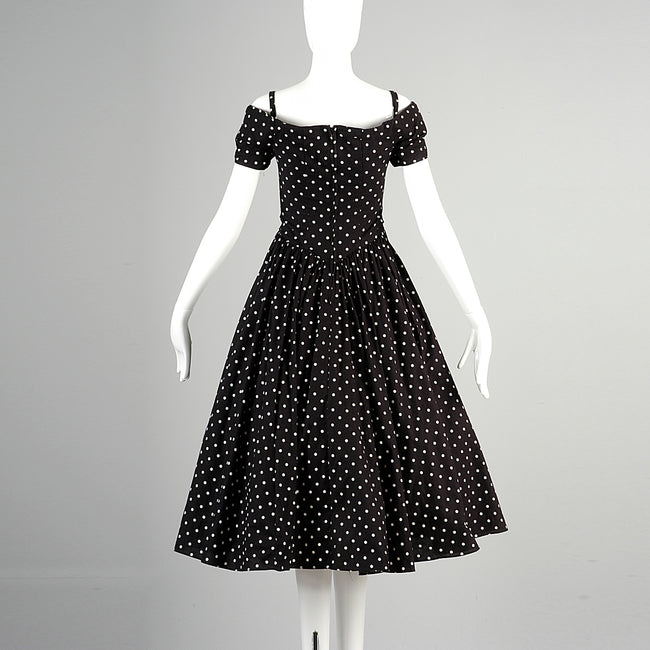 1980s I. Magnin Off Shoulder Party Dress in Black with White Polka Dots