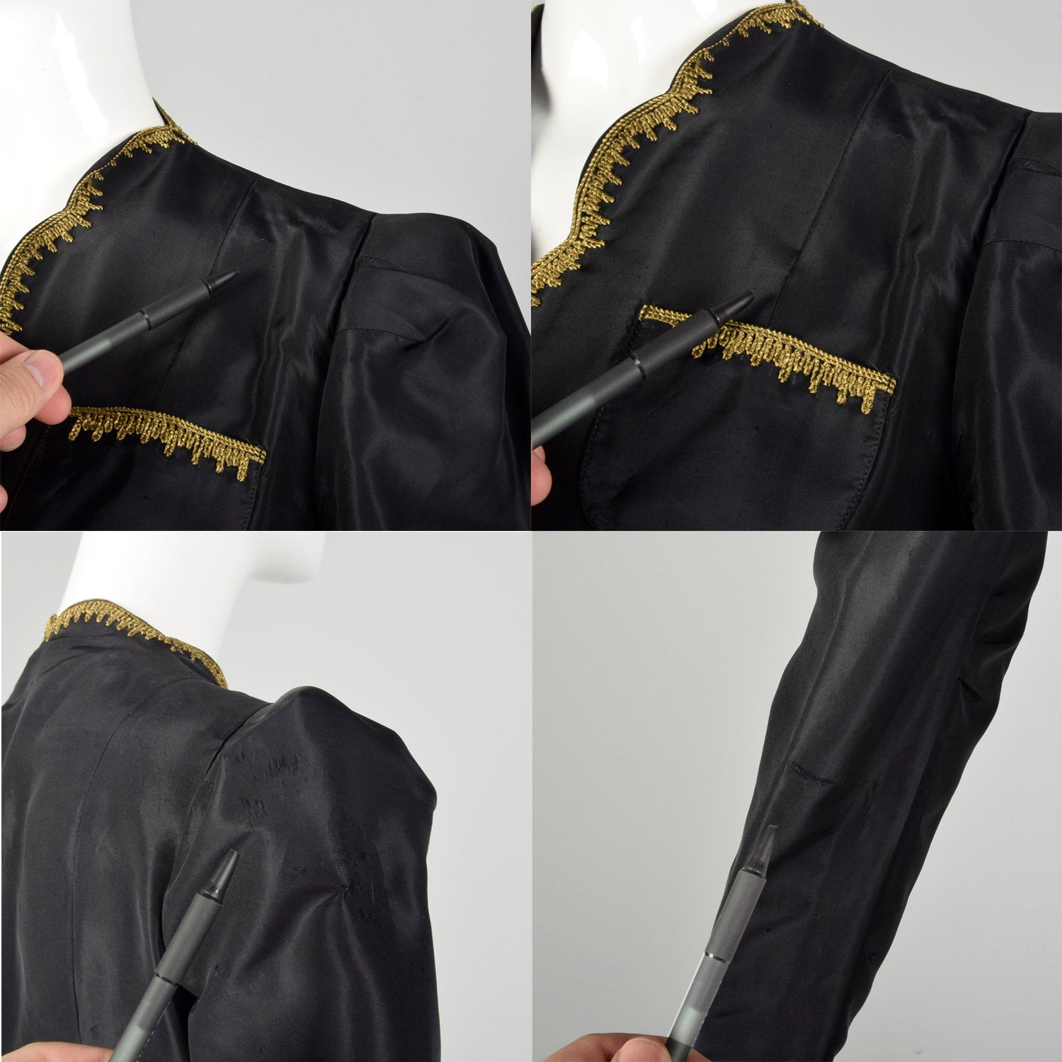 XS 1940s Jacket Black Taffeta Tie Waist Scallop Edge Gold Trim Embroidery Evening Jacket