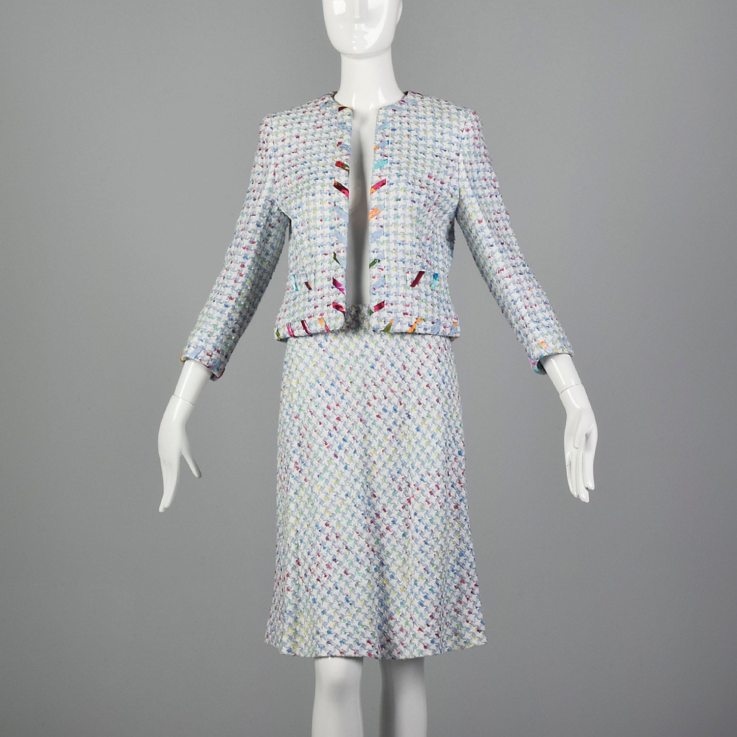 1990s Escada Pastel Plaid Skirt Suit