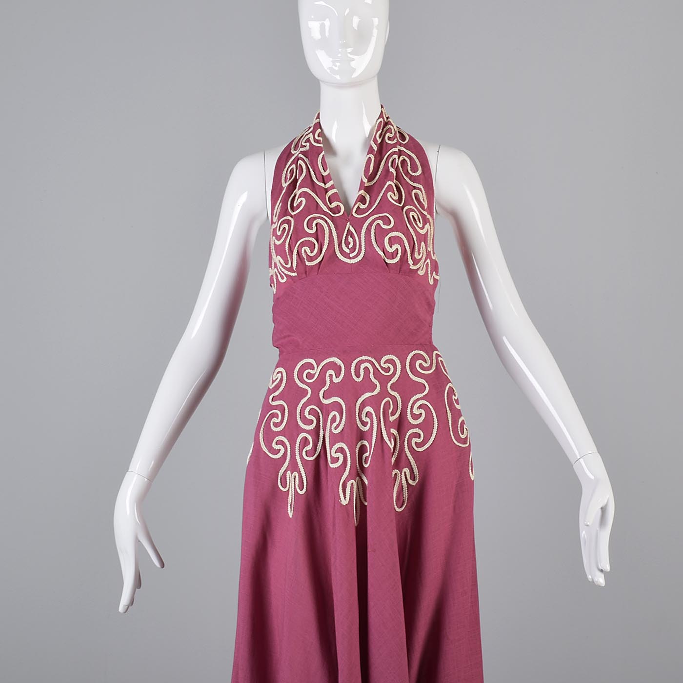 1940s Pink Linen Halter Dress with Soutache Trim