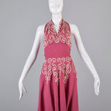 1940s Pink Linen Halter Dress with Soutache Trim
