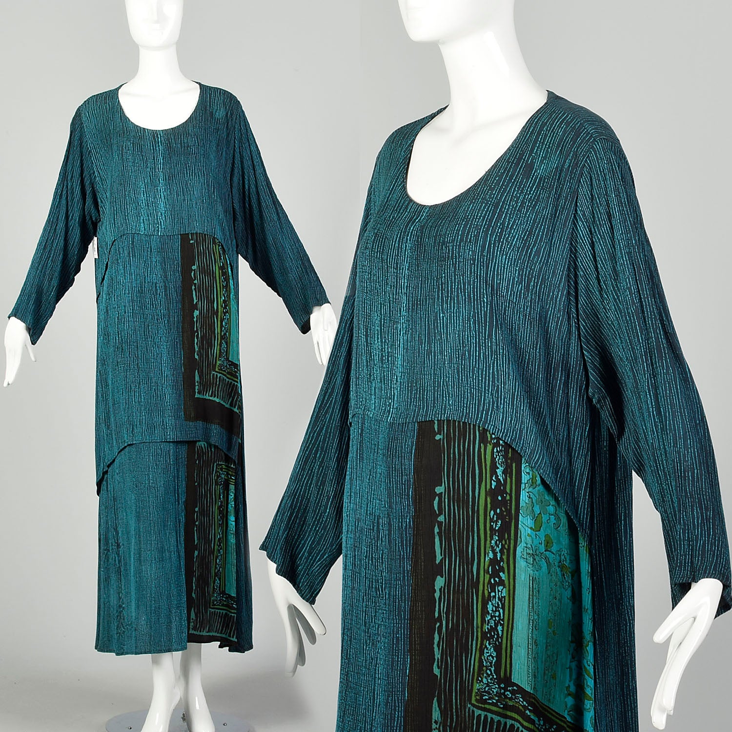 1990s XL-XXL Bohemian Print Dress Layered Maxi Teal Turquoise Gauze