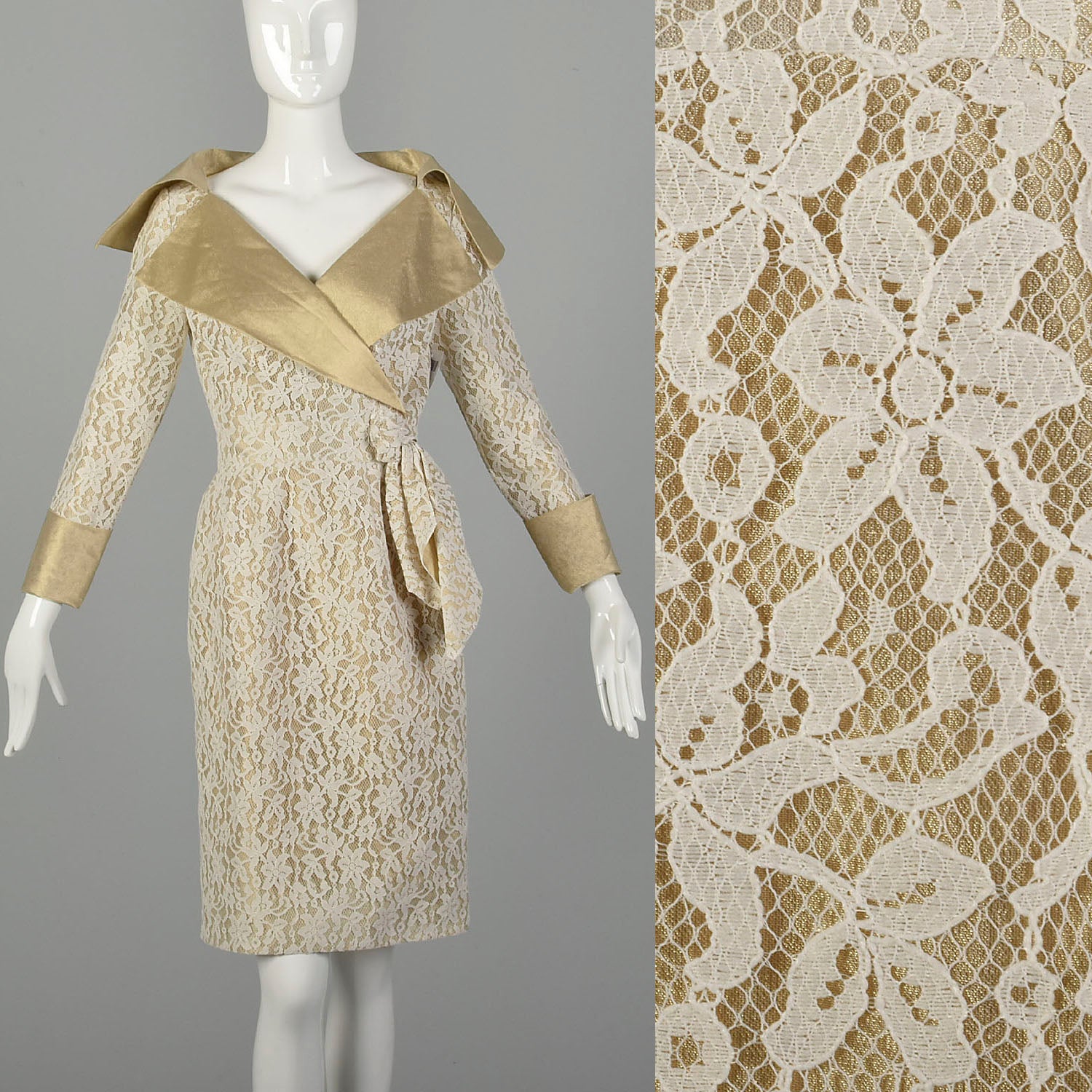 Small 1990s Pilar Rossi Lace Dress Metallic Gold Lamé Portrait Collar