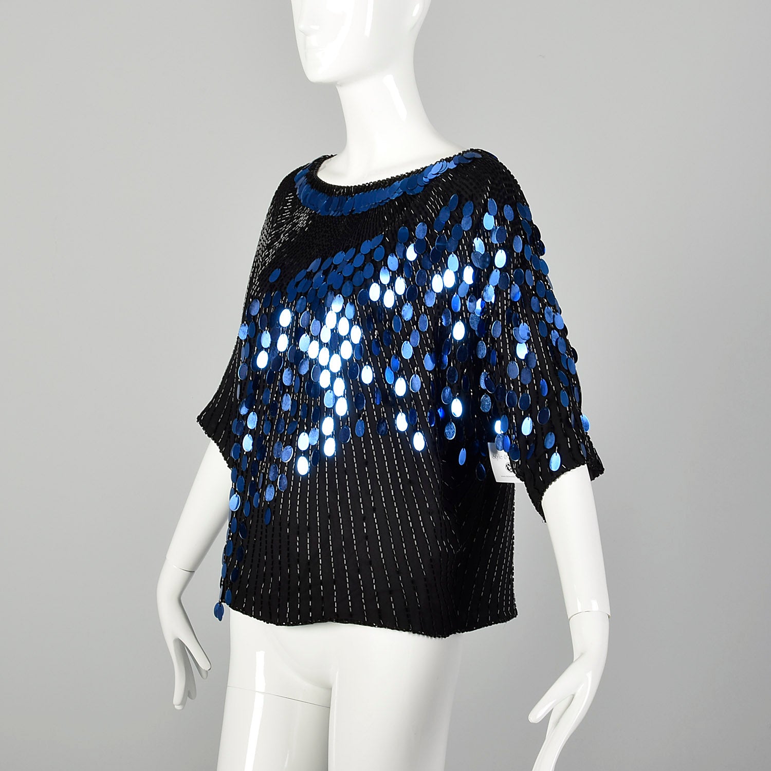 Medium 1980s Black and Blue Dolman Top Beaded Sequin Paillettes