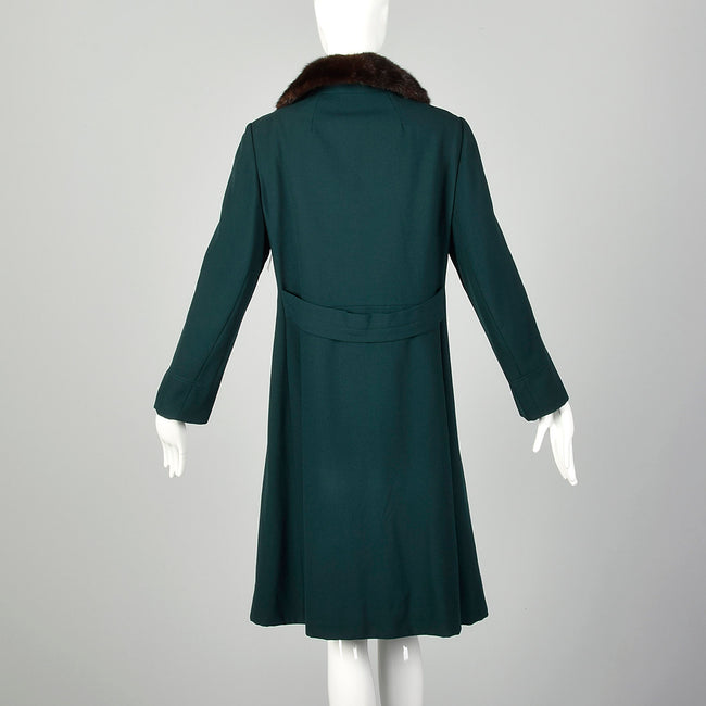 Medium 1960s Green Coat Double Breasted Autumn Outerwear with Mink Fur Collar