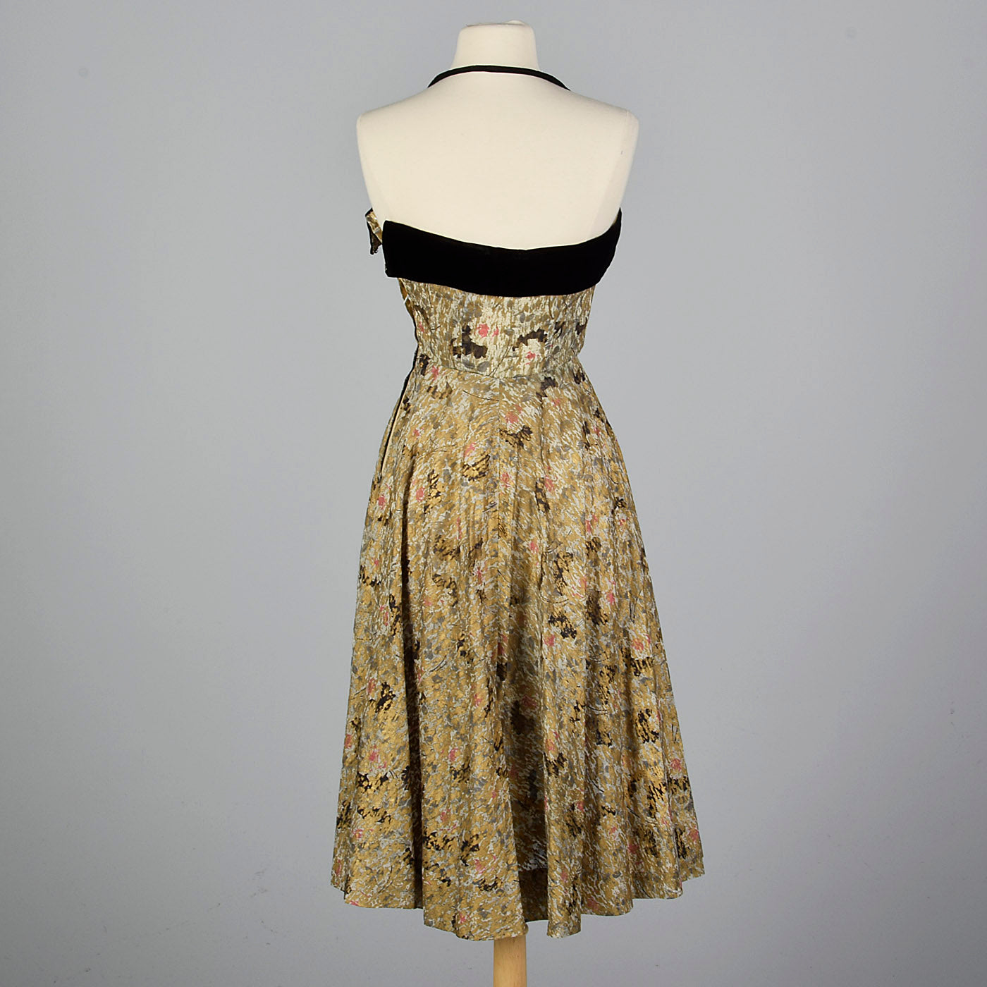 1940s Halter Dress with Abstract Gold Silkscreen Print Style & Salvage 1940s Halter Dress with Abstract Gold Silkscreen Print Style & Salvage