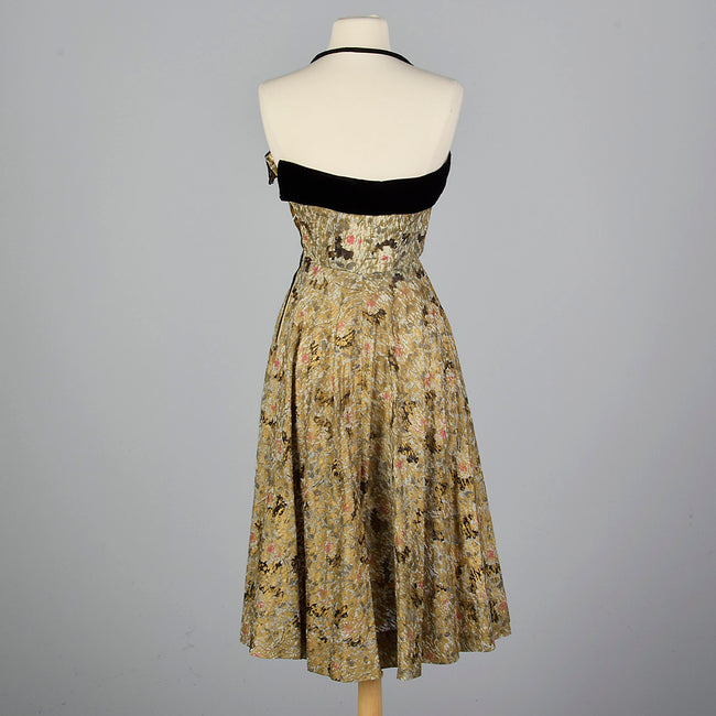 1940s Halter Dress with Abstract Gold Silkscreen Print