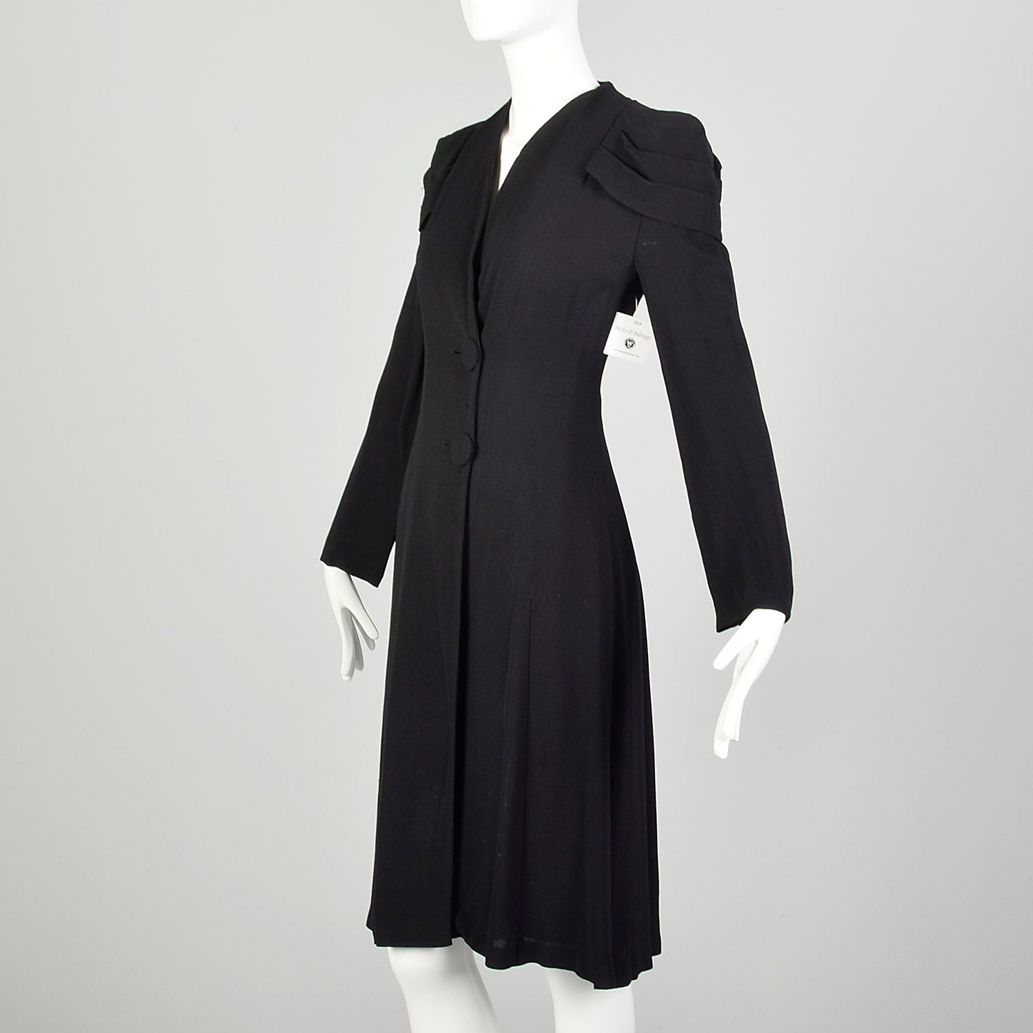 XS 1930s Coat Black Rayon Crepe Long Sleeve Art Deco Pleated Epaulettes