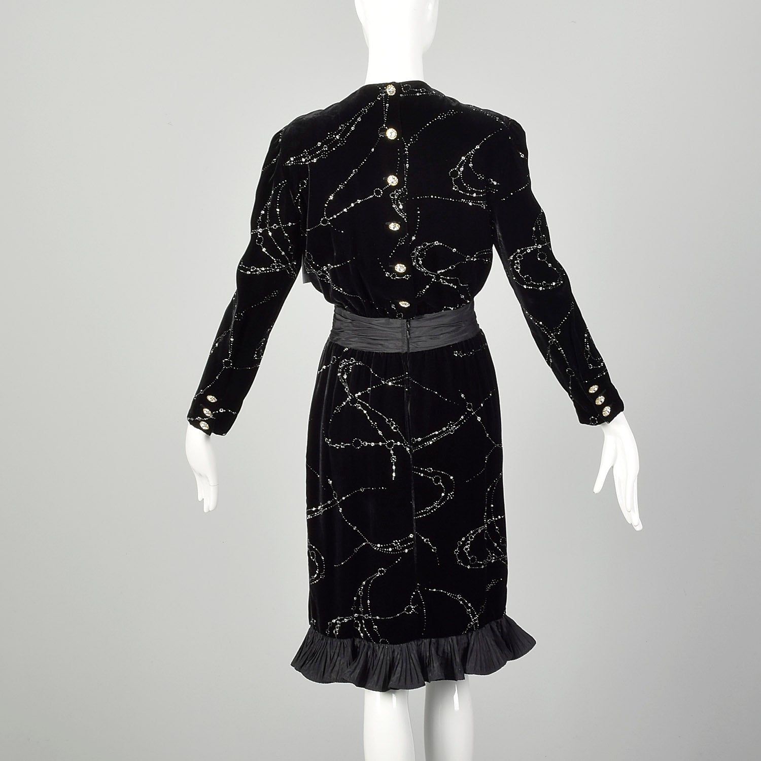 Large 1980s Escada Dress Black Velvet Glitter Ruffle Asymmetrical Hem Cocktail Party Evening Gown