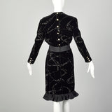 Large 1980s Escada Dress Black Velvet Glitter Ruffle Asymmetrical Hem Cocktail Party Evening Gown