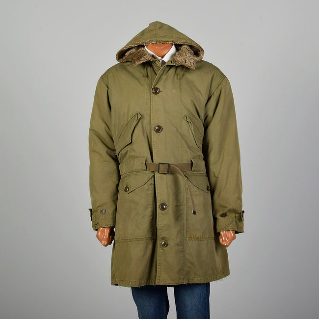 1940s WWII Large Green Army Hooded Parka Coat