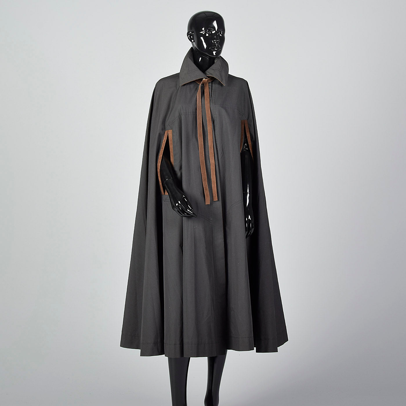 1970s Dark Grey Cape with Leather Trim