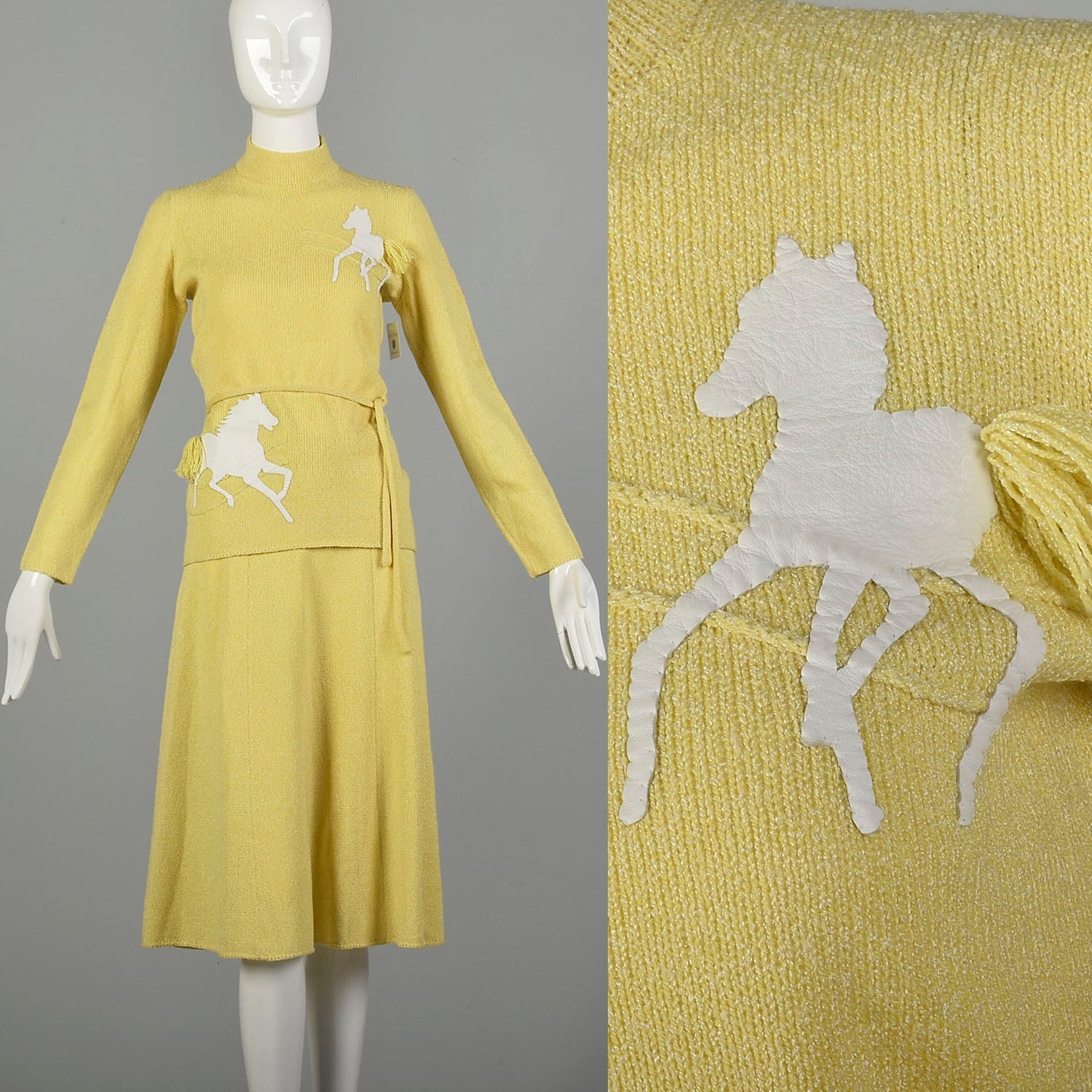 Small 1970s Novelty Horse Knit Outfit Long Sleeve Yellow Top Skirt Separates