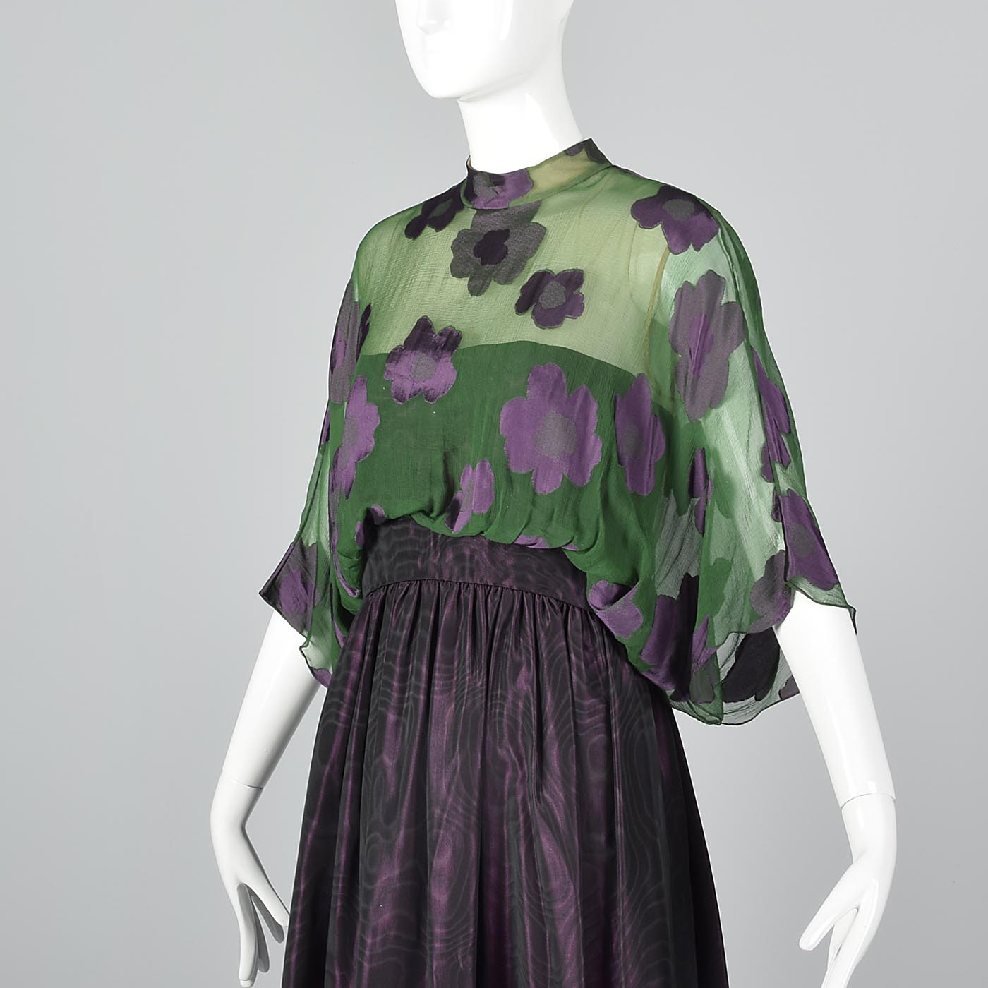 1970s Alfred Bosand Green Silk & Plum Purple Evening Gown