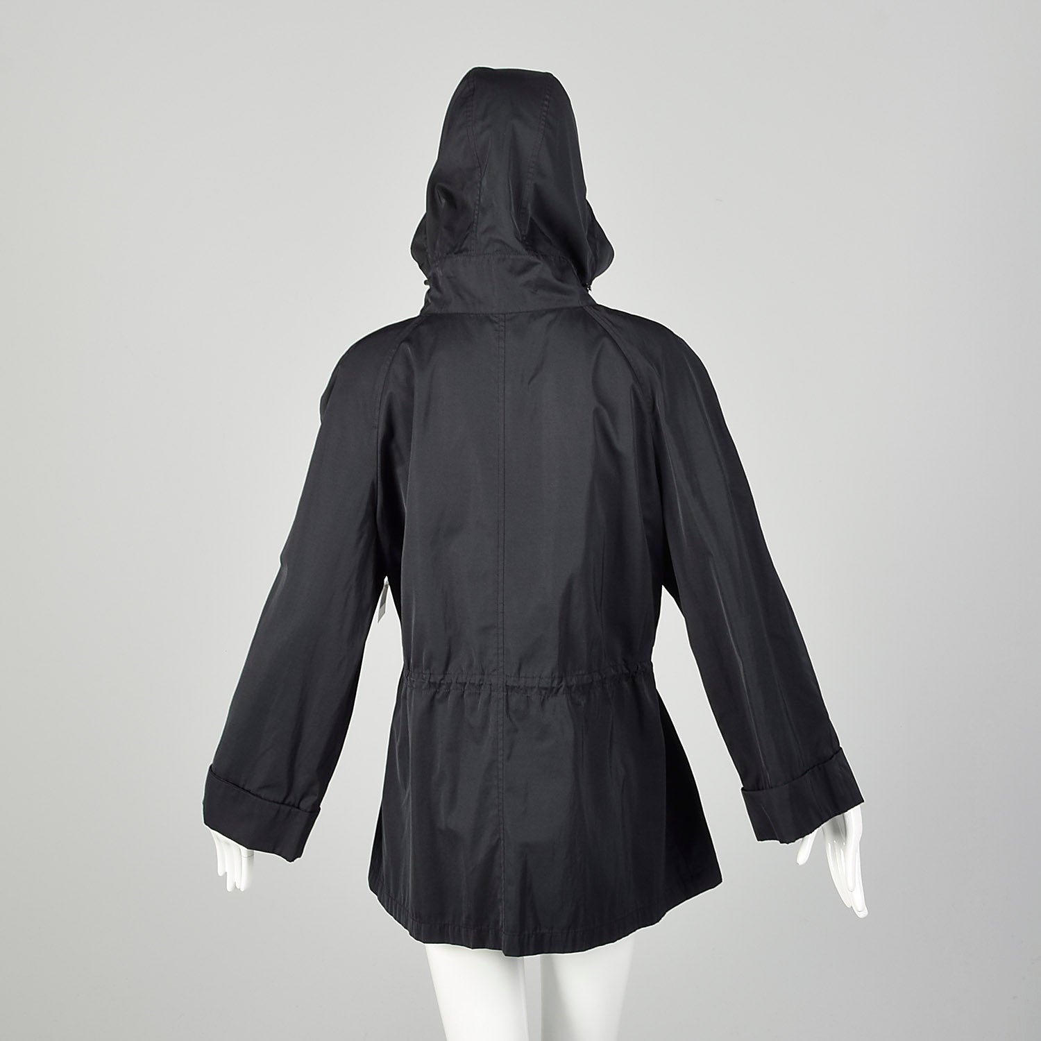 Large Lightweight Black Raincoat Hood Drawstring Waist
