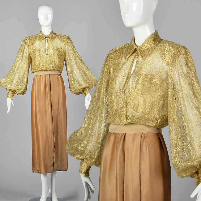 1970s Gold Maxi Dress with Bishop Sleeves
