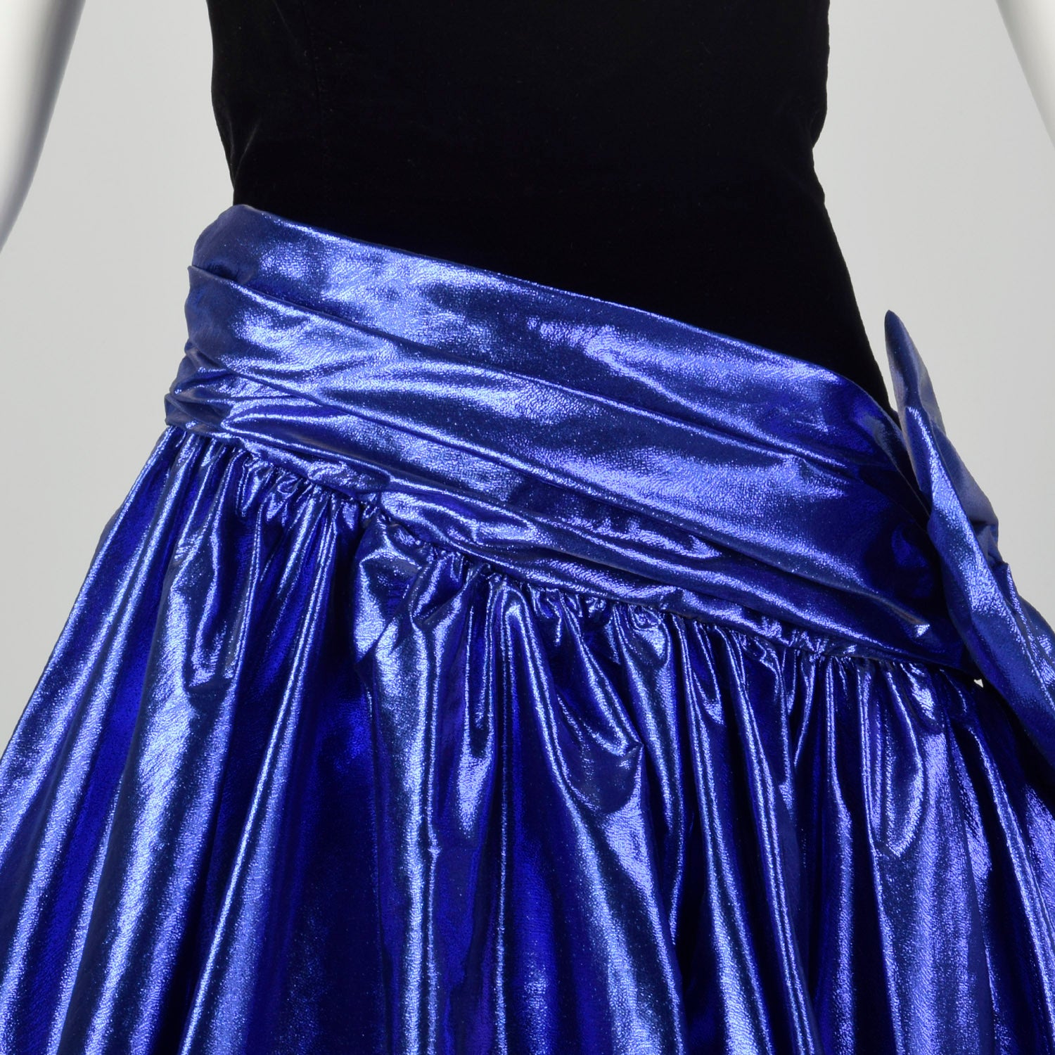 XXS 1980s Blue Lamé Prom Dress Asymmetric Black Velvet Full Skirt