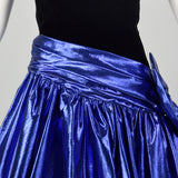 XXS 1980s Blue Lamé Prom Dress Asymmetric Black Velvet Full Skirt