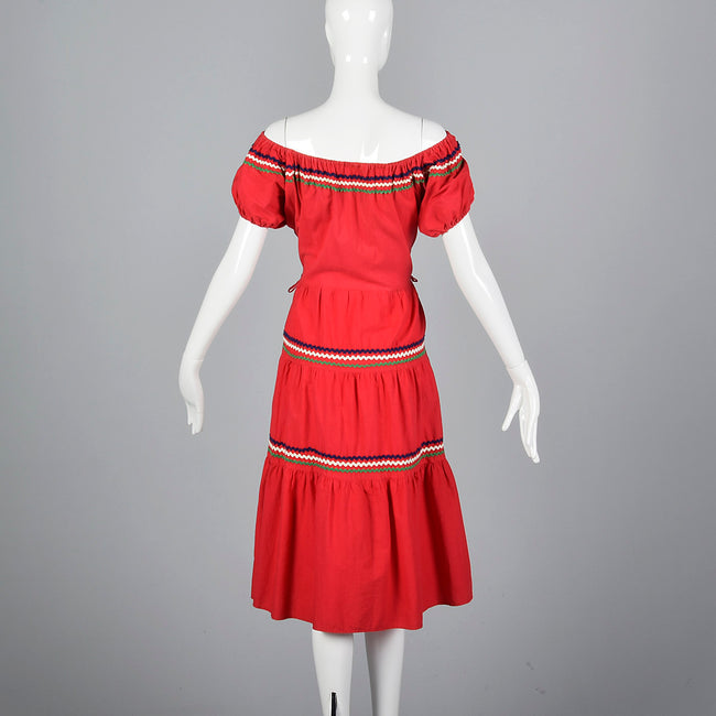 1950s Bohemian Off Shoulder Dress in Red Cotton