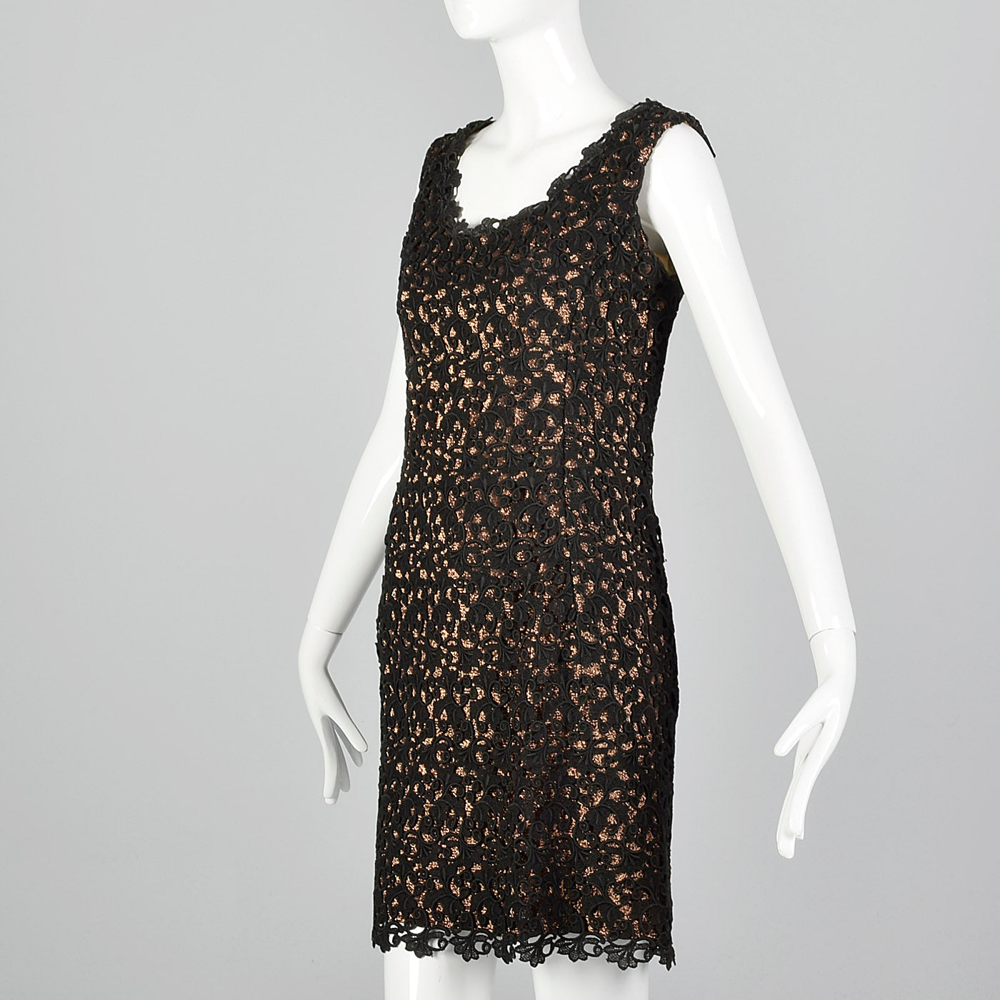 1960s Bronze Lurex Dress with Black Lace Overlay
