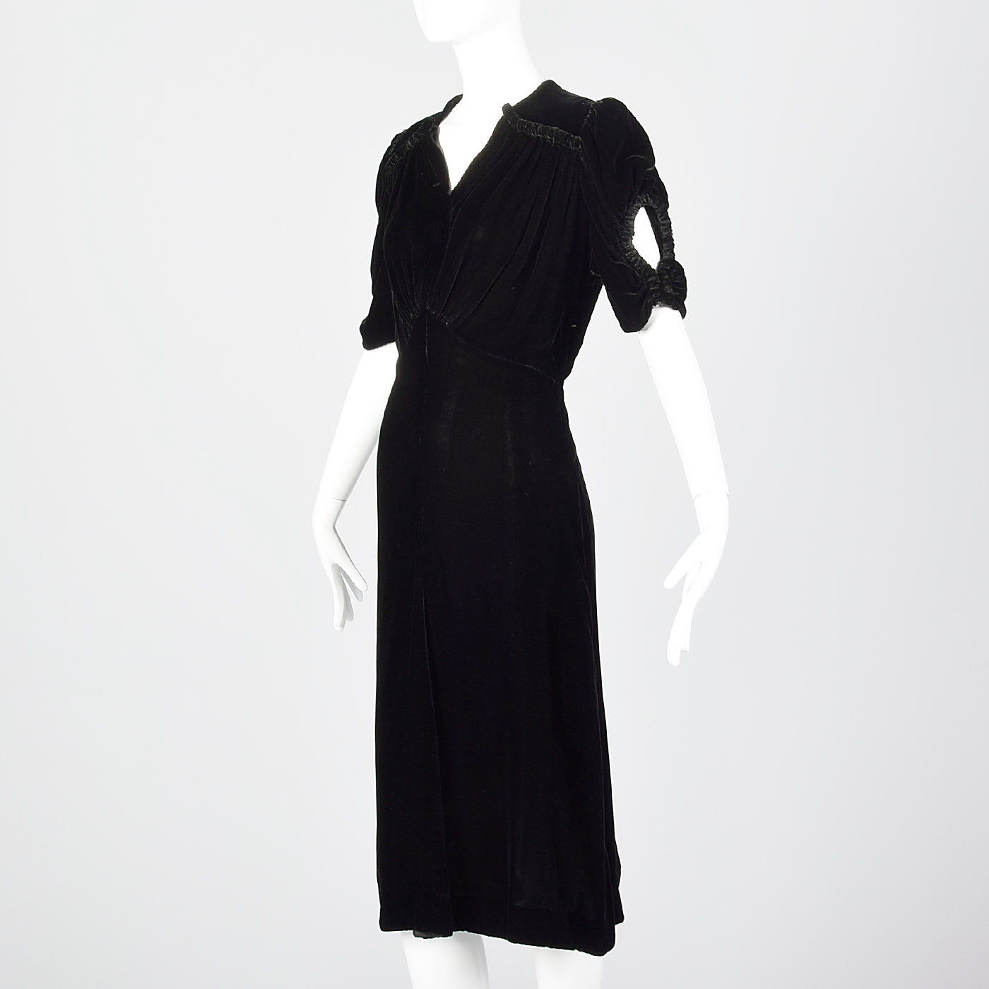 Large 1940s Black Velvet Dress with Open Sleeve Detail