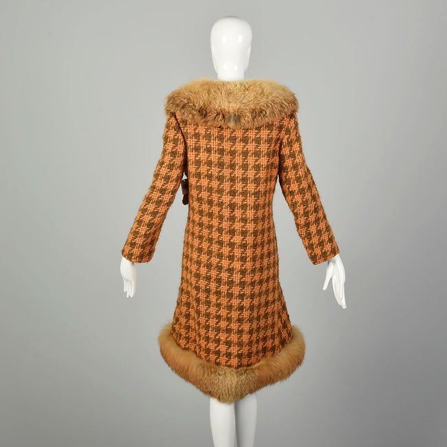 Large 1970s Coat Orange Brown Chunky Boucle Tweed Wool Real Fox Fur Winter