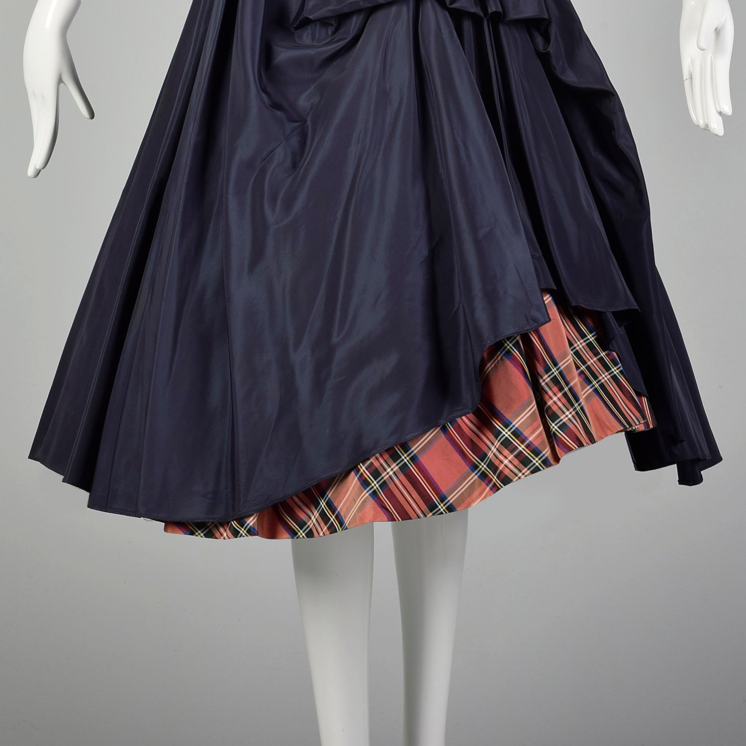 XS 1950s Navy Blue Taffeta Dress with Tartan Underskirt