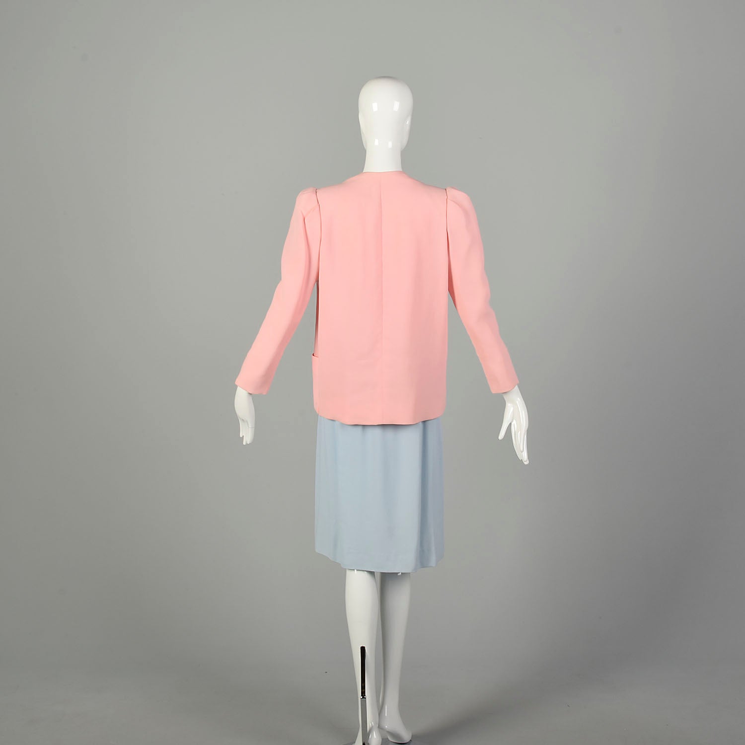 Small 1980s Bill Blass Pastel Crepe Skirt Suit Blue Pink Separates Ensemble