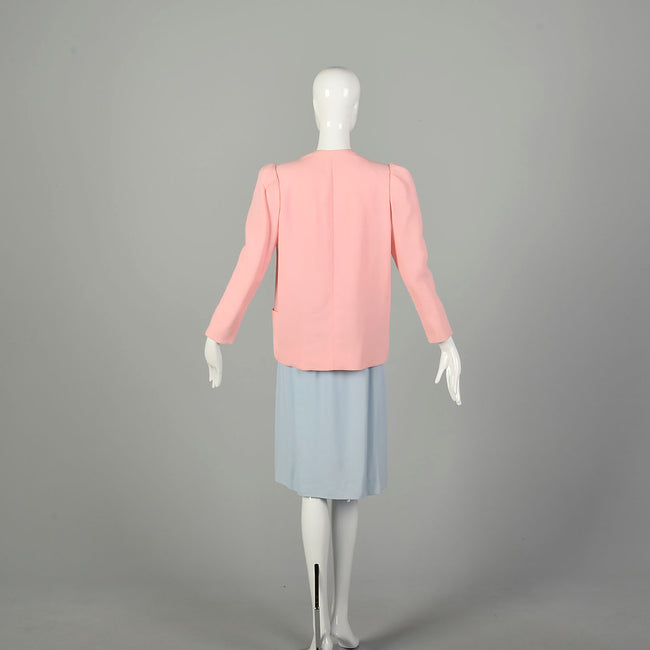 Small 1980s Bill Blass Pastel Crepe Skirt Suit Blue Pink Separates Ensemble