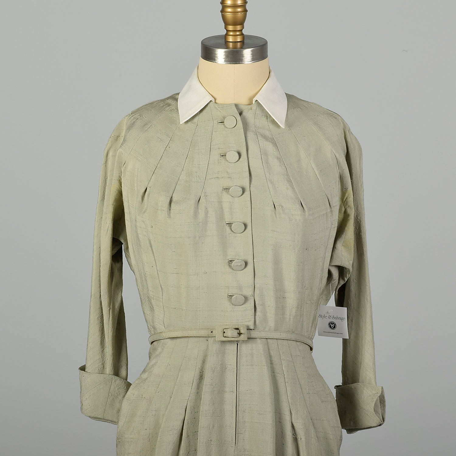 Medium 1950s Dress Designer Sage Green Lightweight Silk Long Sleeve