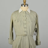 Medium 1950s Dress Designer Sage Green Lightweight Silk Long Sleeve