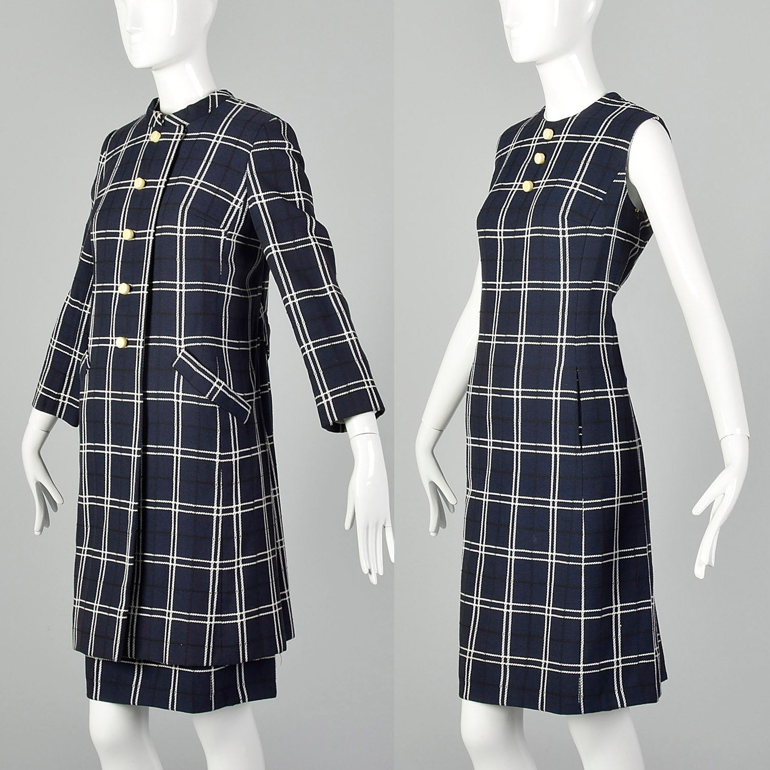 Large 1960s Navy Plaid Dress and Jacket Set