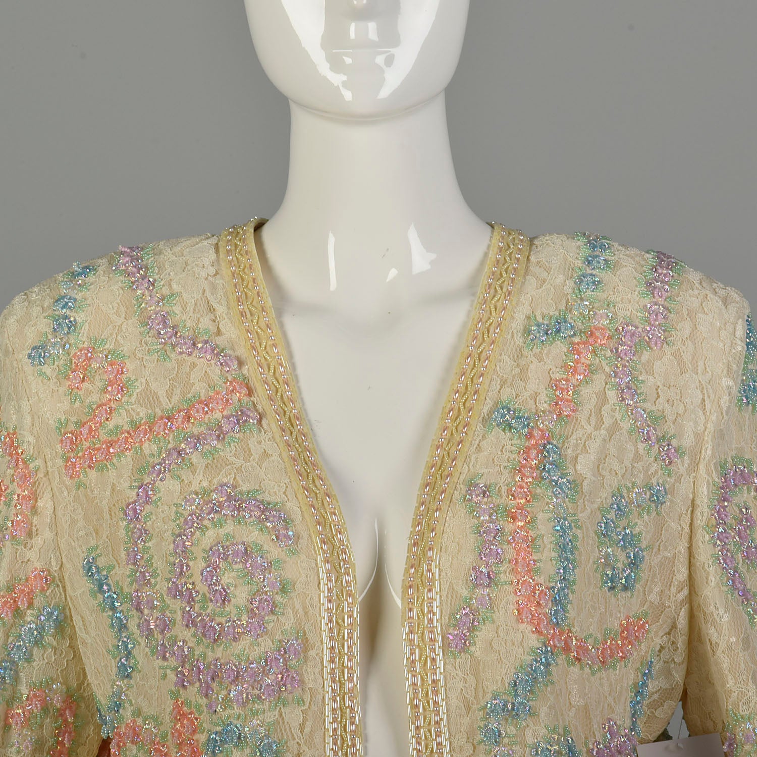 Medium 1980s Diane Freis Beaded Lace Jacket Spring Pastel Bolero