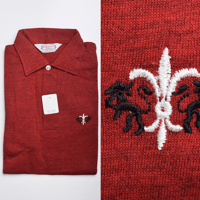1950s Mens Deadstock Red Knit Shirt with Embroidered Chest Detail