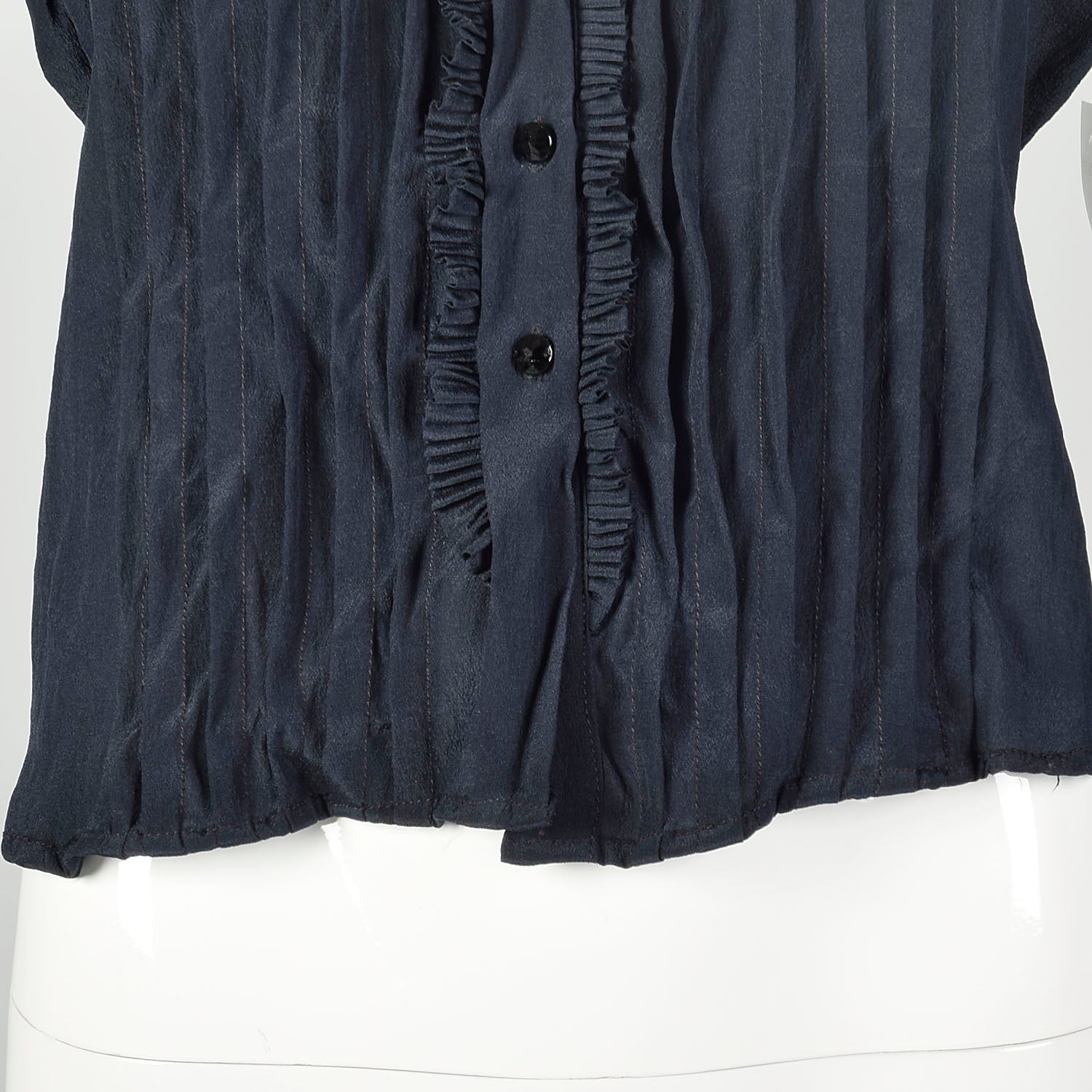 Large 1910s Blouse Edwardian Navy Blue Silk Shirt Pleated Tie Back Waist Top