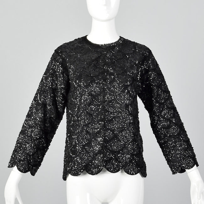 1960s Black Sequin Top with Scalloped Hem