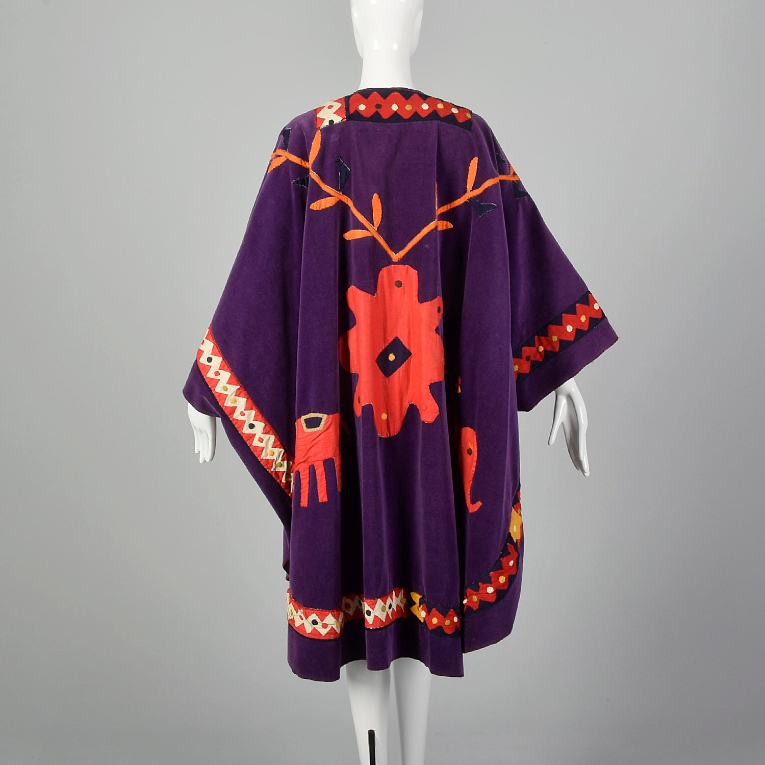 OSFM 1970s Purple Velvet Cape Coat with Cotton Appliques