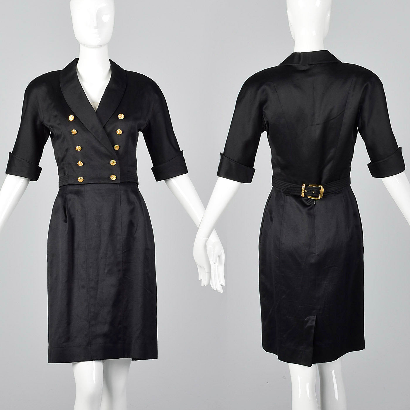 1980s Chanel Black Cotton Summer Skirt Suit with Gold Buckle Detail