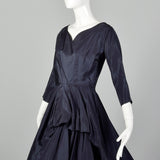 XS 1950s Navy Blue Taffeta Dress with Tartan Underskirt