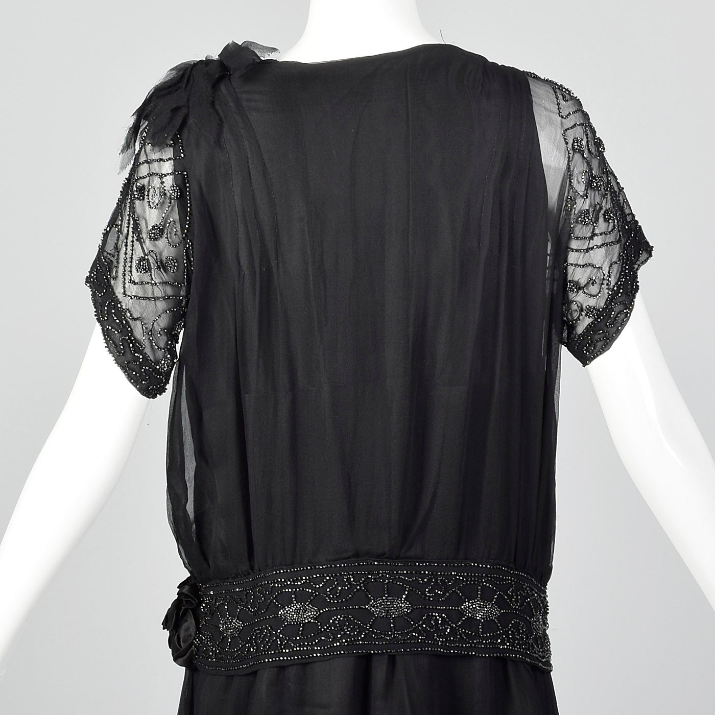 1920s Black Silk Chiffon Dress with Steel Beads