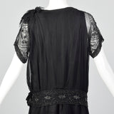 1920s Black Silk Chiffon Dress with Steel Beads