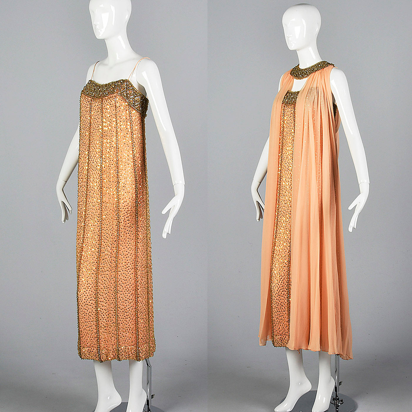 1960s Victoria Royal Beaded Gown with Silk Chiffon Cape