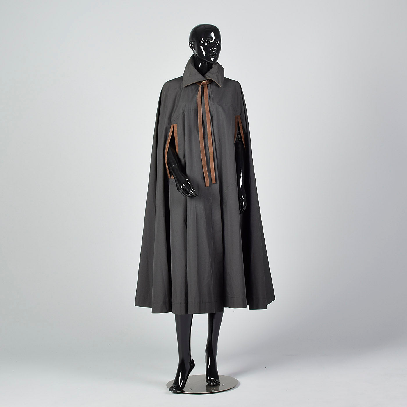 1970s Dark Grey Cape with Leather Trim