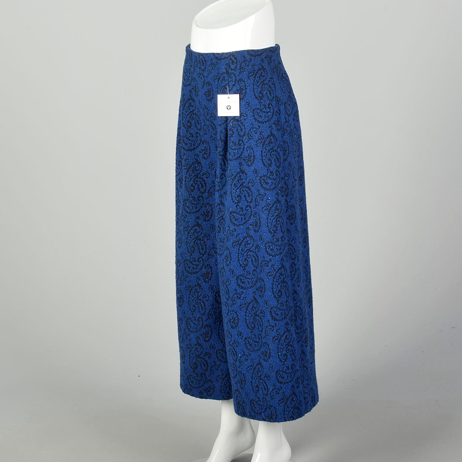 Small 1970s Blue Gaucho Pants Black Paisley Pleated Cropped Wide Leg